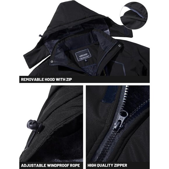 Men's #215 Black Winter Ski Jacket Water Resistant Fleece Hooded Parka - Picture 4 of 7